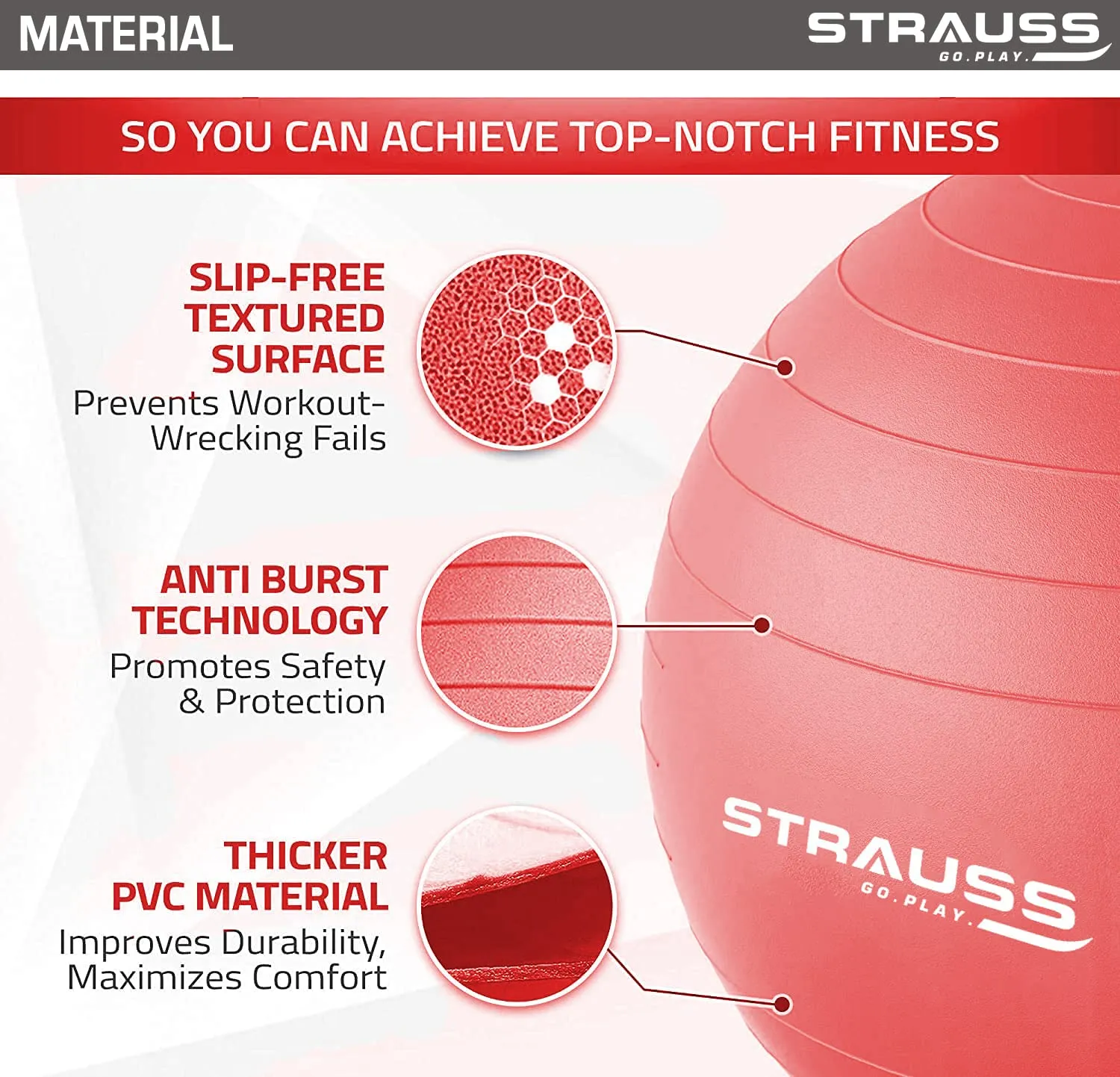 STRAUSS Anti-Burst Rubber Gym Ball with Free Foot Pump | Round Shape Swiss Ball for Exercise, Workout, Yoga, Pregnancy, Birthing, Balance & Stability, 65 cm, (Red)