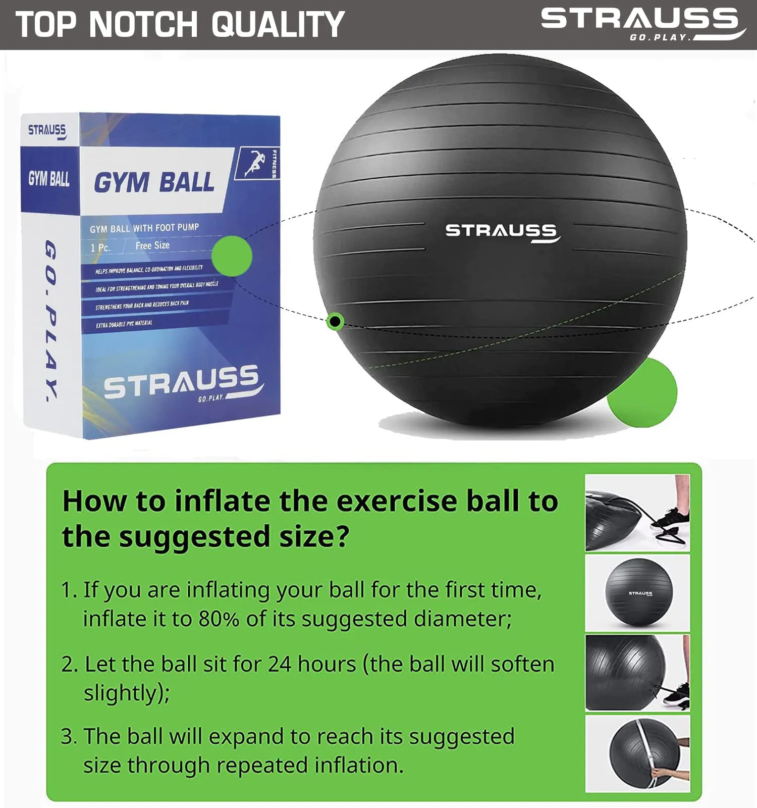 STRAUSS Anti-Burst Rubber Gym Ball with Free Foot Pump | Round Shape Swiss Ball for Exercise, Workout, Yoga, Pregnancy, Birthing, Balance & Stability, 75 cm, (Black)