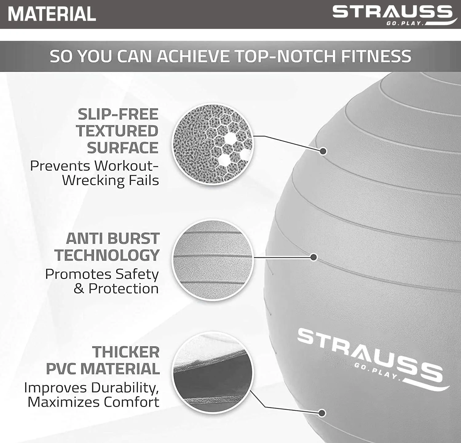 STRAUSS Anti-Burst Rubber Gym Ball with Free Foot Pump | Round Shape Swiss Ball for Exercise, Workout, Yoga, Pregnancy, Birthing, Balance & Stability, 75 cm, (Grey)