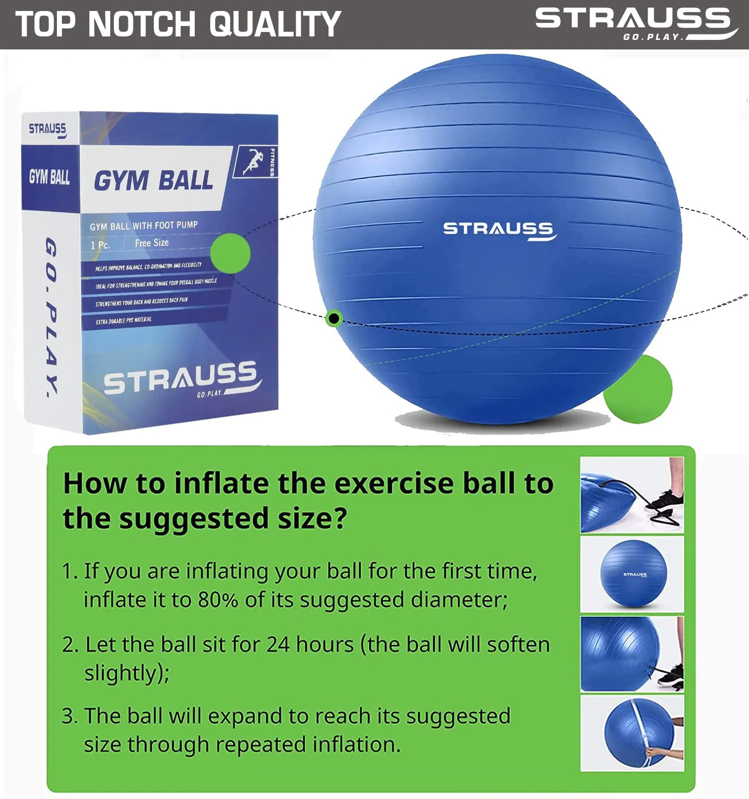 STRAUSS Anti-Burst Rubber Gym Ball with Free Foot Pump | Round Shape Swiss Ball for Exercise, Workout, Yoga, Pregnancy, Birthing, Balance & Stability, 85 cm, (Blue)