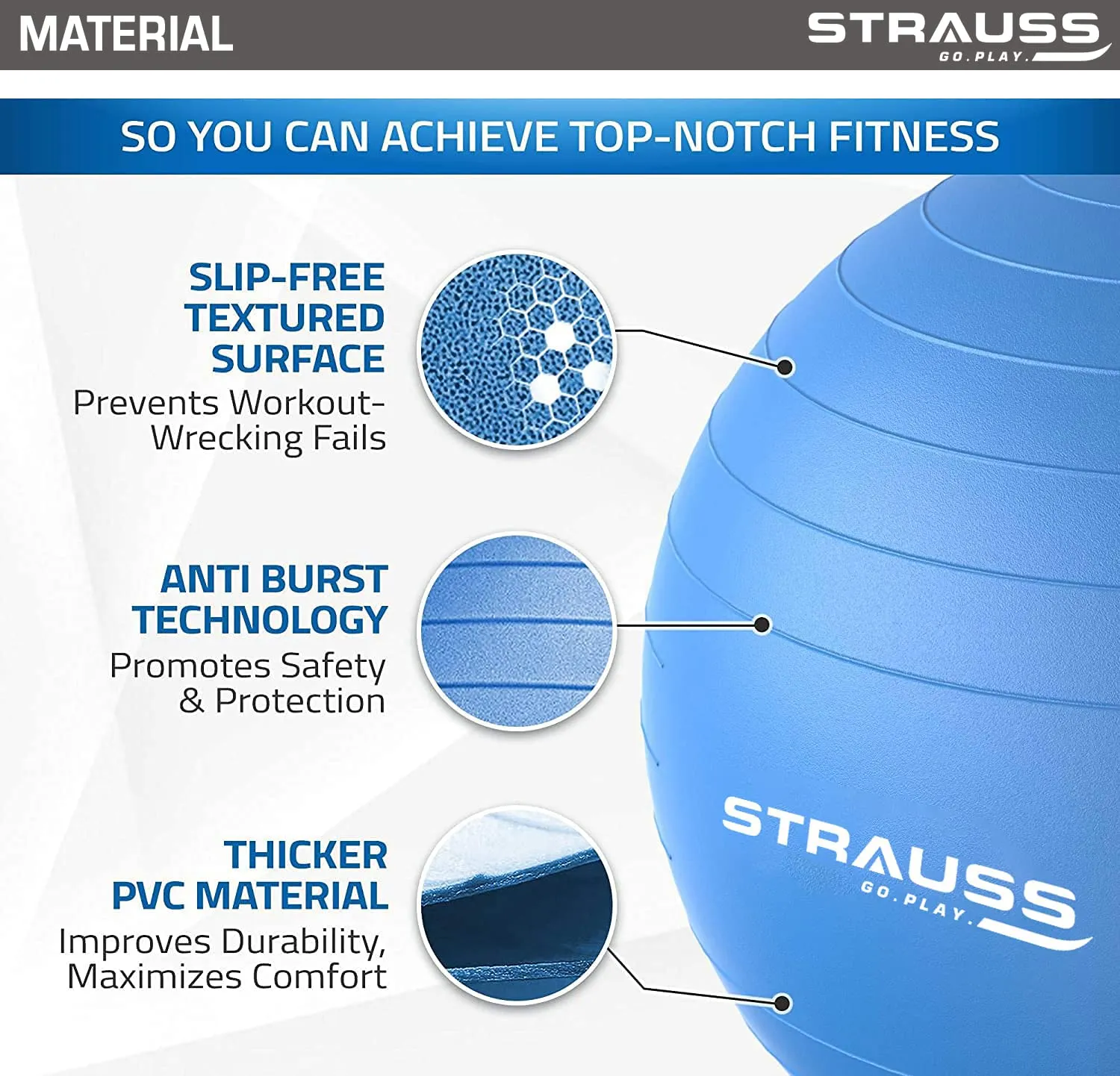 STRAUSS Anti-Burst Rubber Gym Ball with Free Foot Pump | Round Shape Swiss Ball for Exercise, Workout, Yoga, Pregnancy, Birthing, Balance & Stability, 85 cm, (Blue)