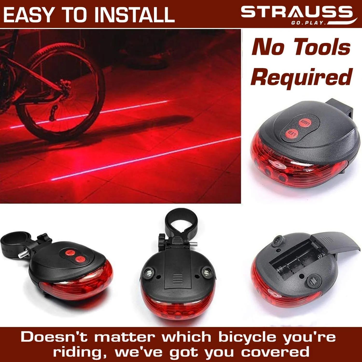 Strauss Bicycle Flash Tail Light with Laser, (Black) and Bicycle Zoom LED Torch with Mount Holder