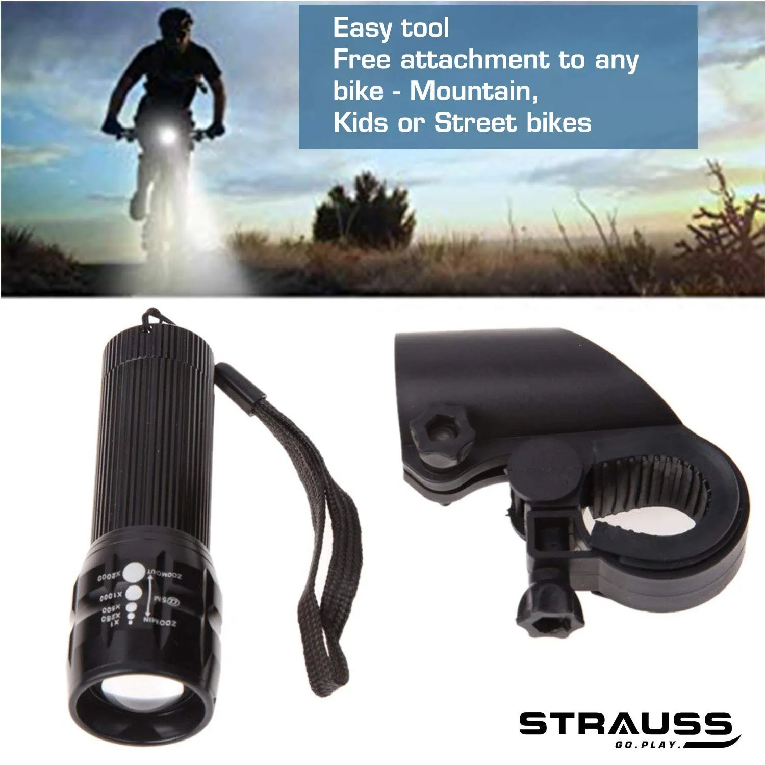 Strauss Bicycle Flash Tail Light with Laser, (Black) and Bicycle Zoom LED Torch with Mount Holder