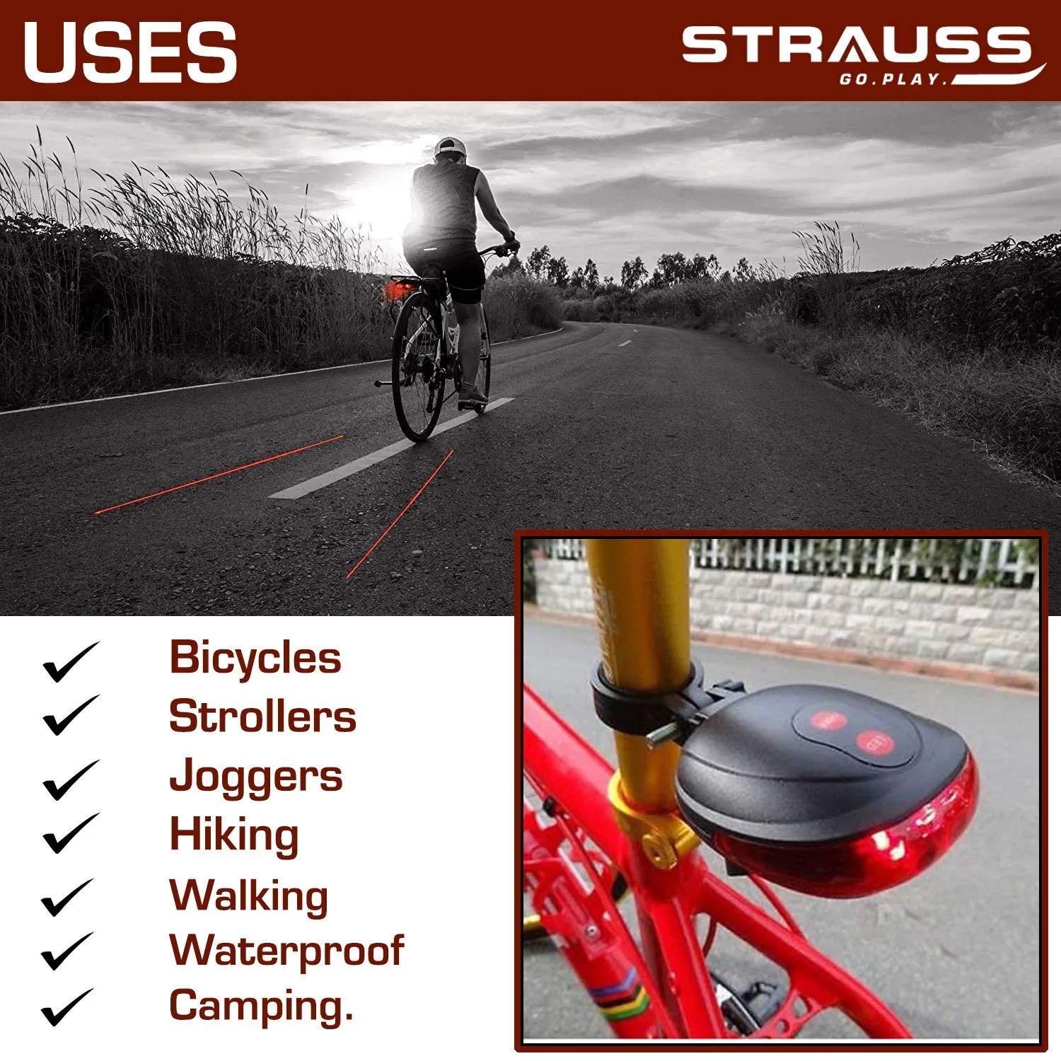 Strauss Bicycle Flash Tail Light with Laser, (Black) and Bicycle Zoom LED Torch with Mount Holder