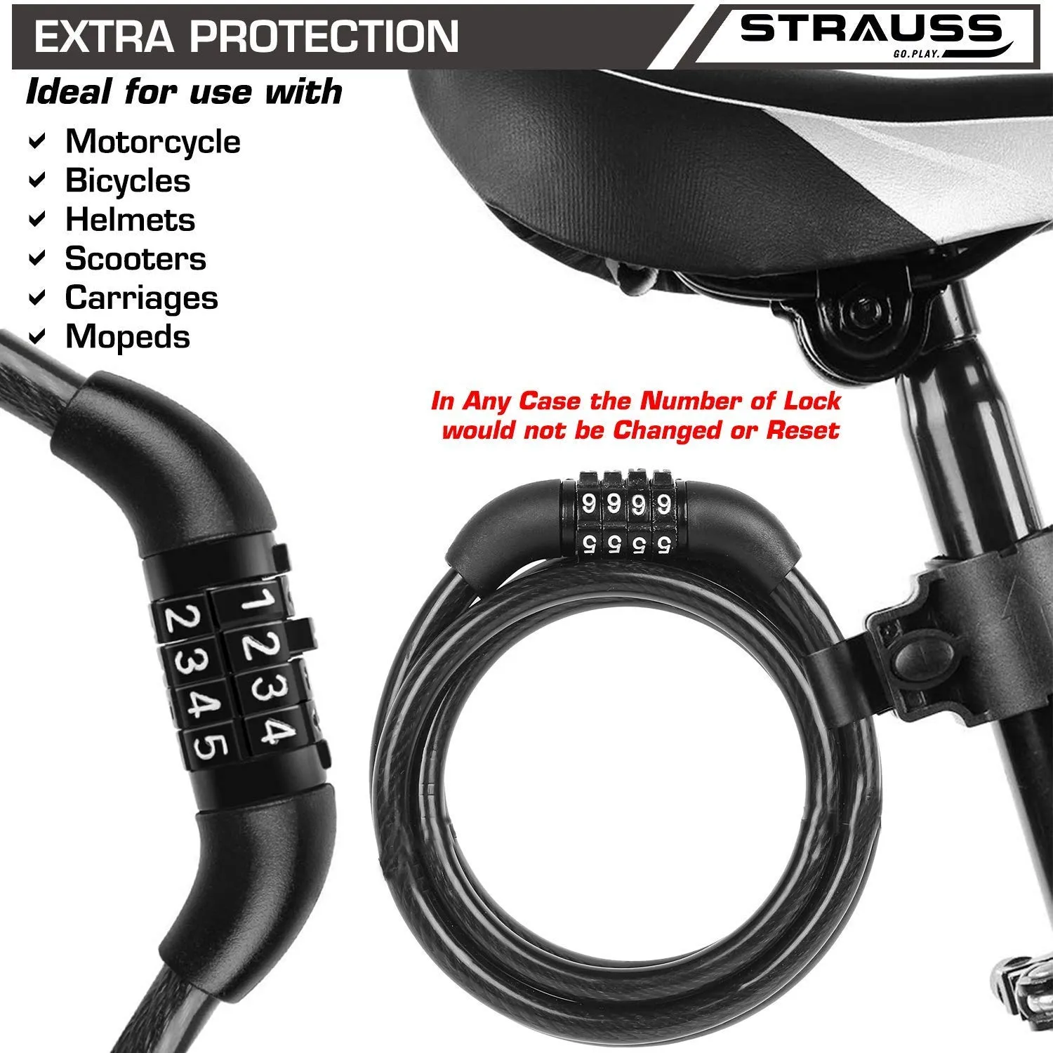 Strauss Bicycle Zoom LED Torch with Mount Holder and Cycle/Bicycle/Helmet Multi Purpose Number Lock (Black)