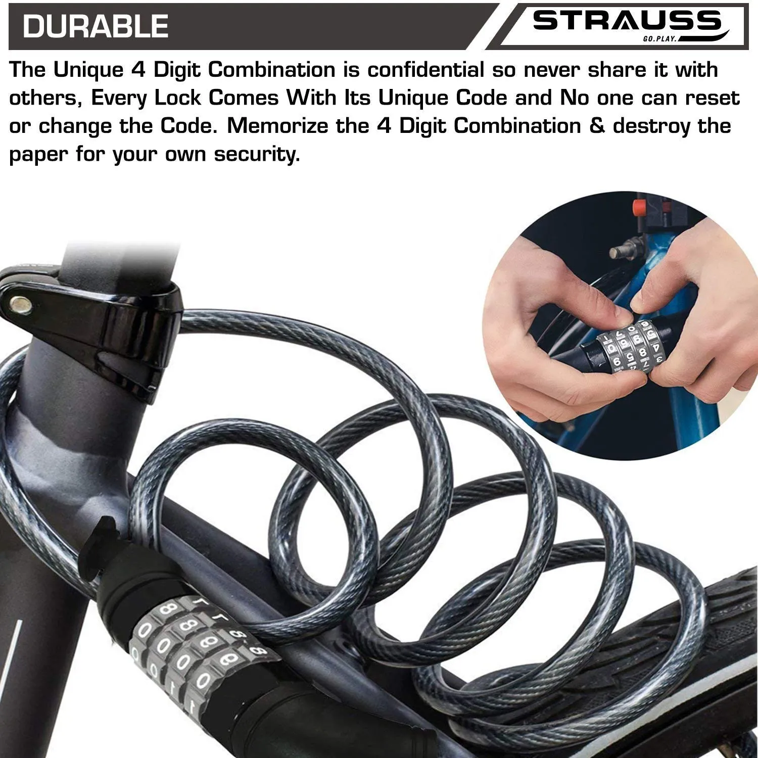 Strauss Bicycle Zoom LED Torch with Mount Holder and Cycle/Bicycle/Helmet Multi Purpose Number Lock (Black)