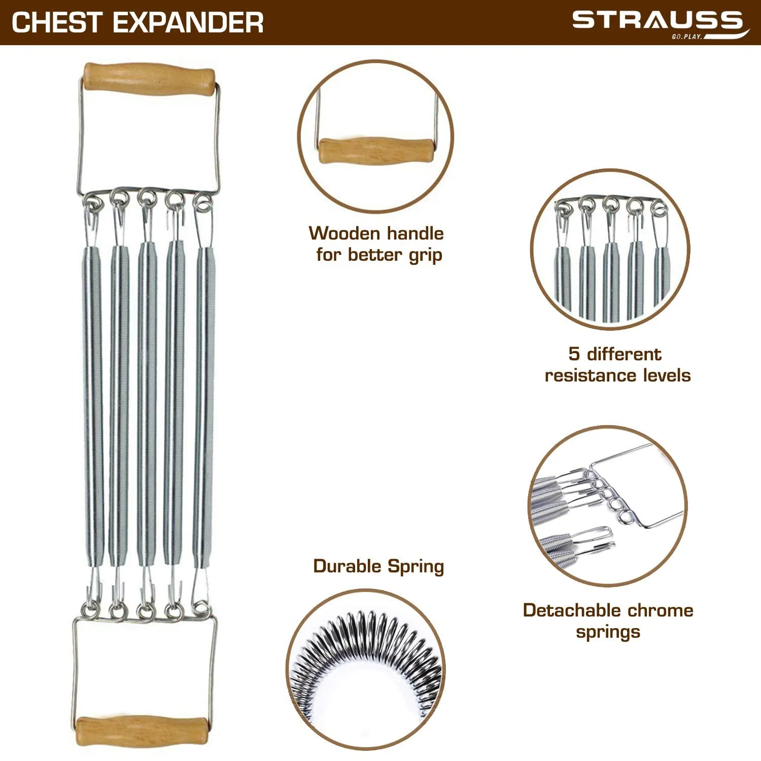 Strauss Chest Expander with 5 Springs and Double Wheel Ab Exerciser with Knee Pad