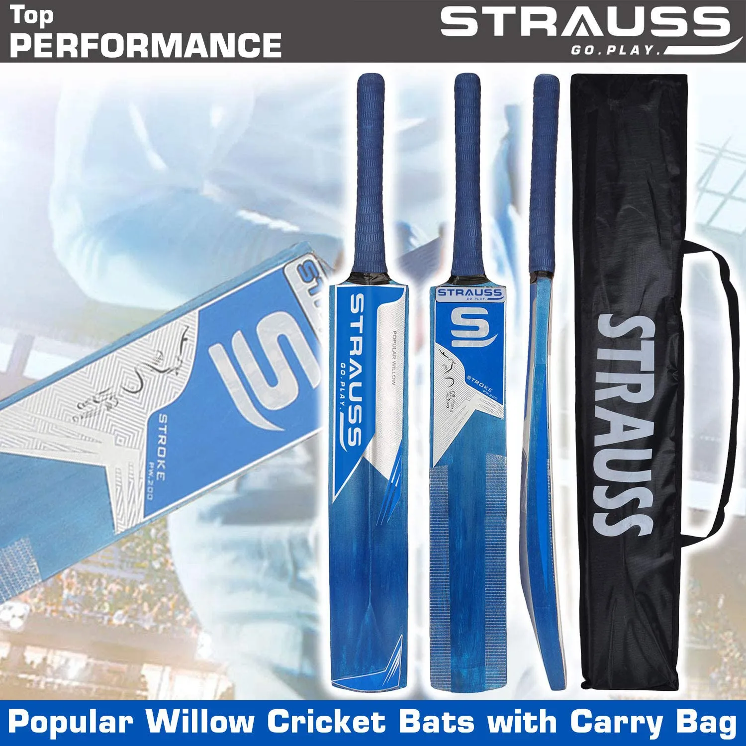 Strauss Cricket Bat | Edition: PW-200 | Popular Willow | Size: 5 | Color: Dark Blue | Tennis Cricket Bat | for Boys