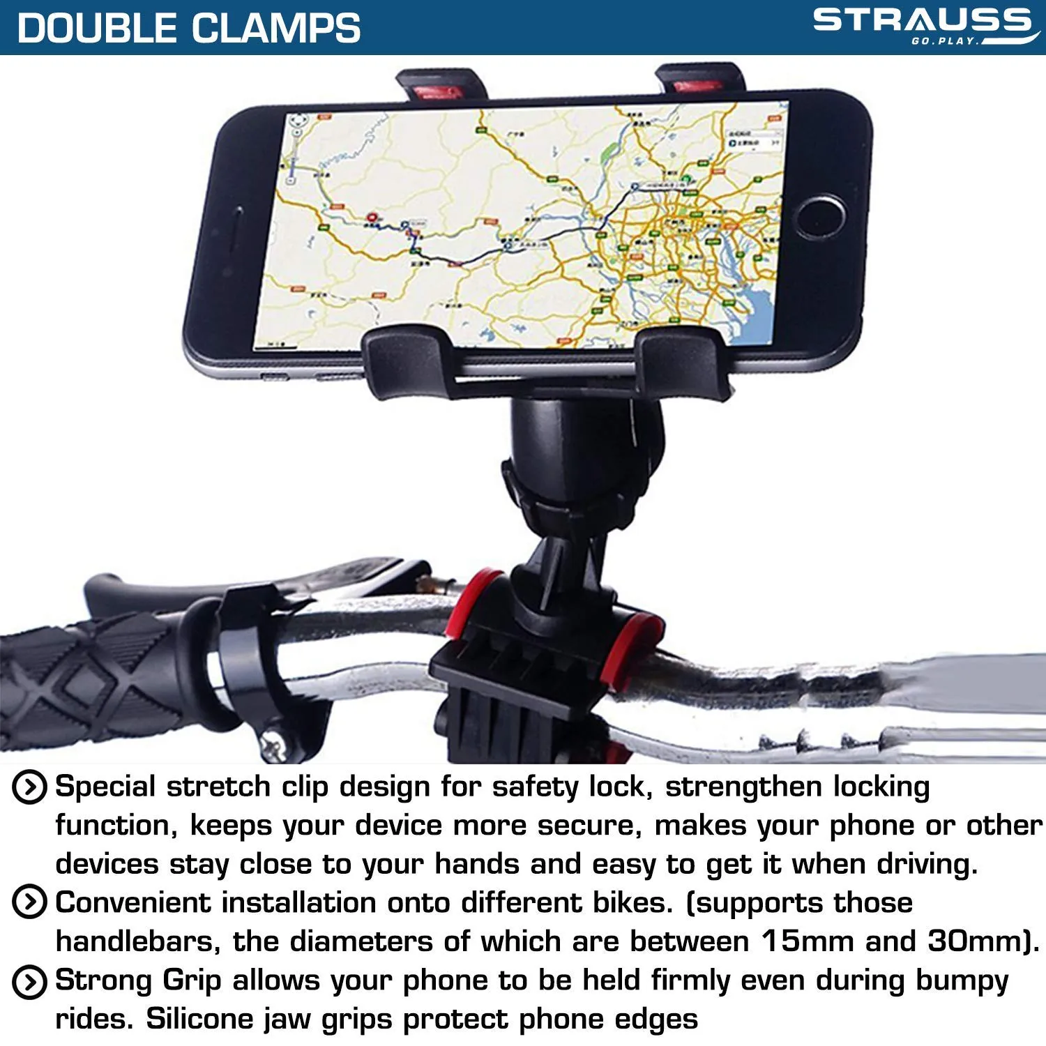 Strauss Cycle Mobile Phone Holder with Mount Bracket (Black) and Bicycle LED Headlight with Horn