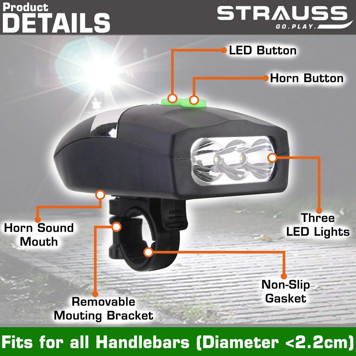 Strauss Cycle Mobile Phone Holder with Mount Bracket (Black) and Bicycle LED Headlight with Horn