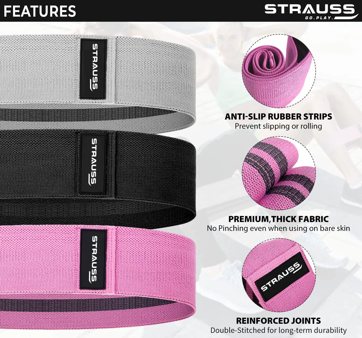 Strauss Fabric Resistance Bands | Resistance Loop Bands for Exercise, and Workout | Ideal for Stretching, Chin Ups, Physical Therapy & Home Exercise for Men & Women (Set of 3)