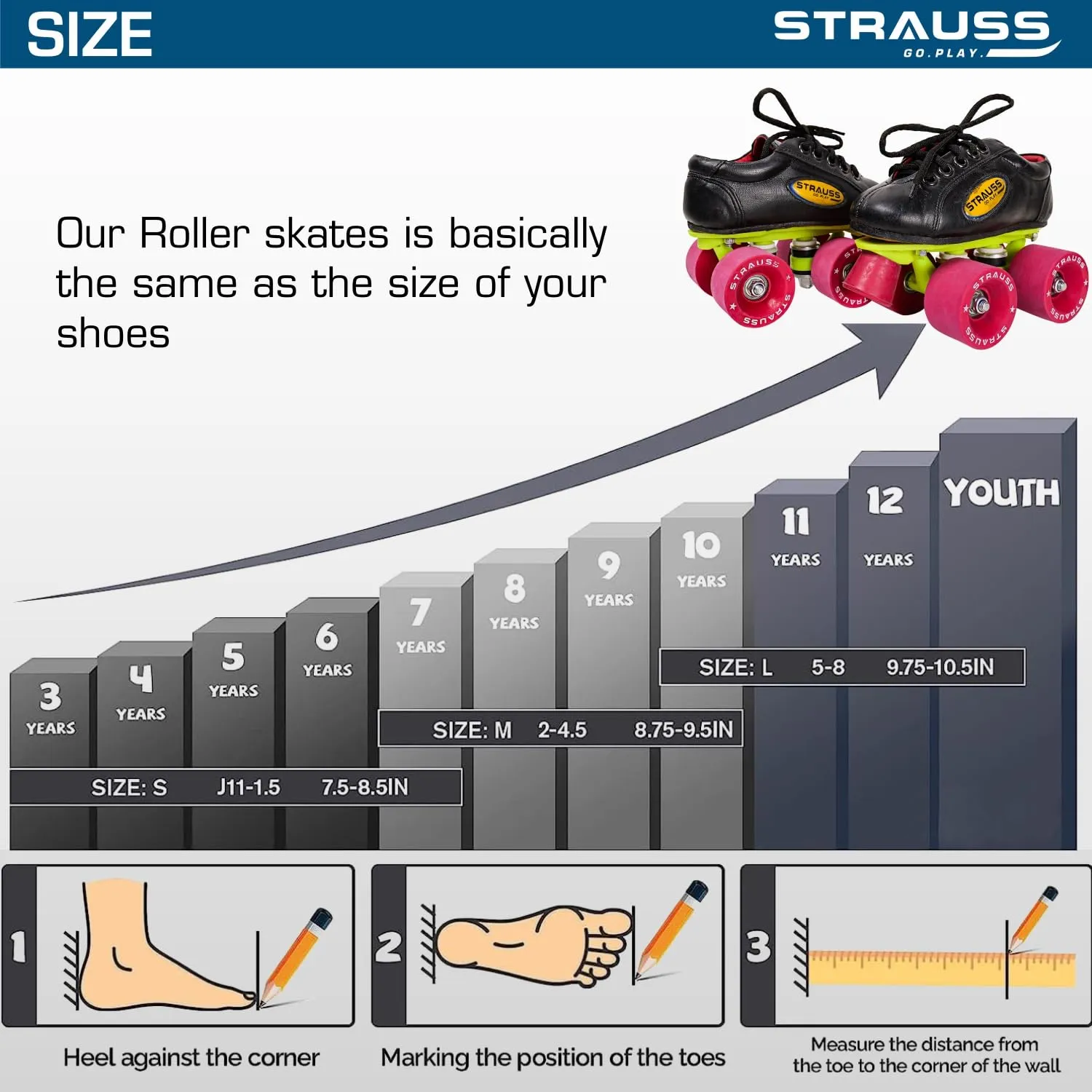 STRAUSS Gripper Skating Shoes | Fixed Body Roller Skates | Shoe Skate With Rubber Wheel |Ideal For Boys, Girls and Kids |Suitable For All Skill Level | Ideal For Kids (7-8 Years) , Size-13, (Red/Black)