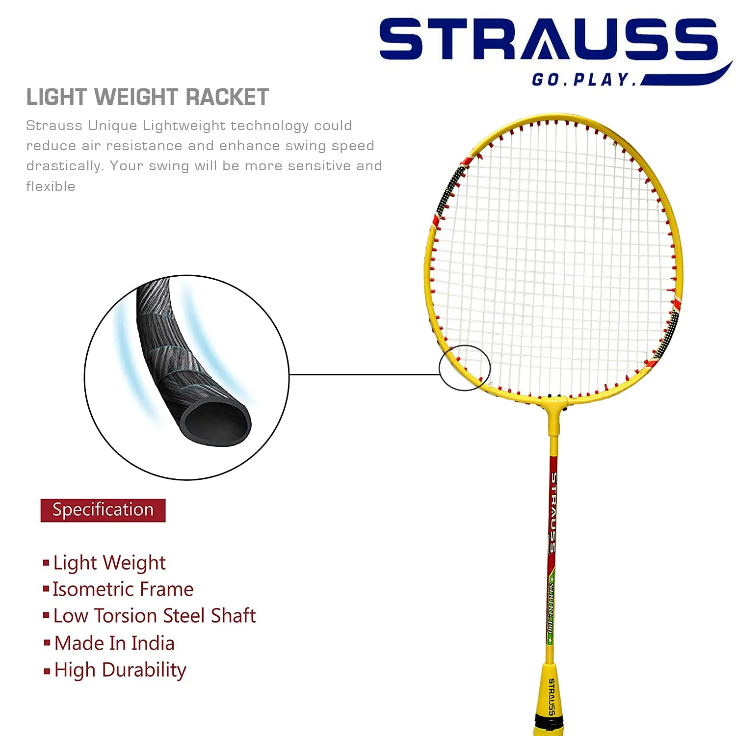 STRAUSS Iron Strike 102 Badminton Racquet Set with Shuttlecock, (Orange)