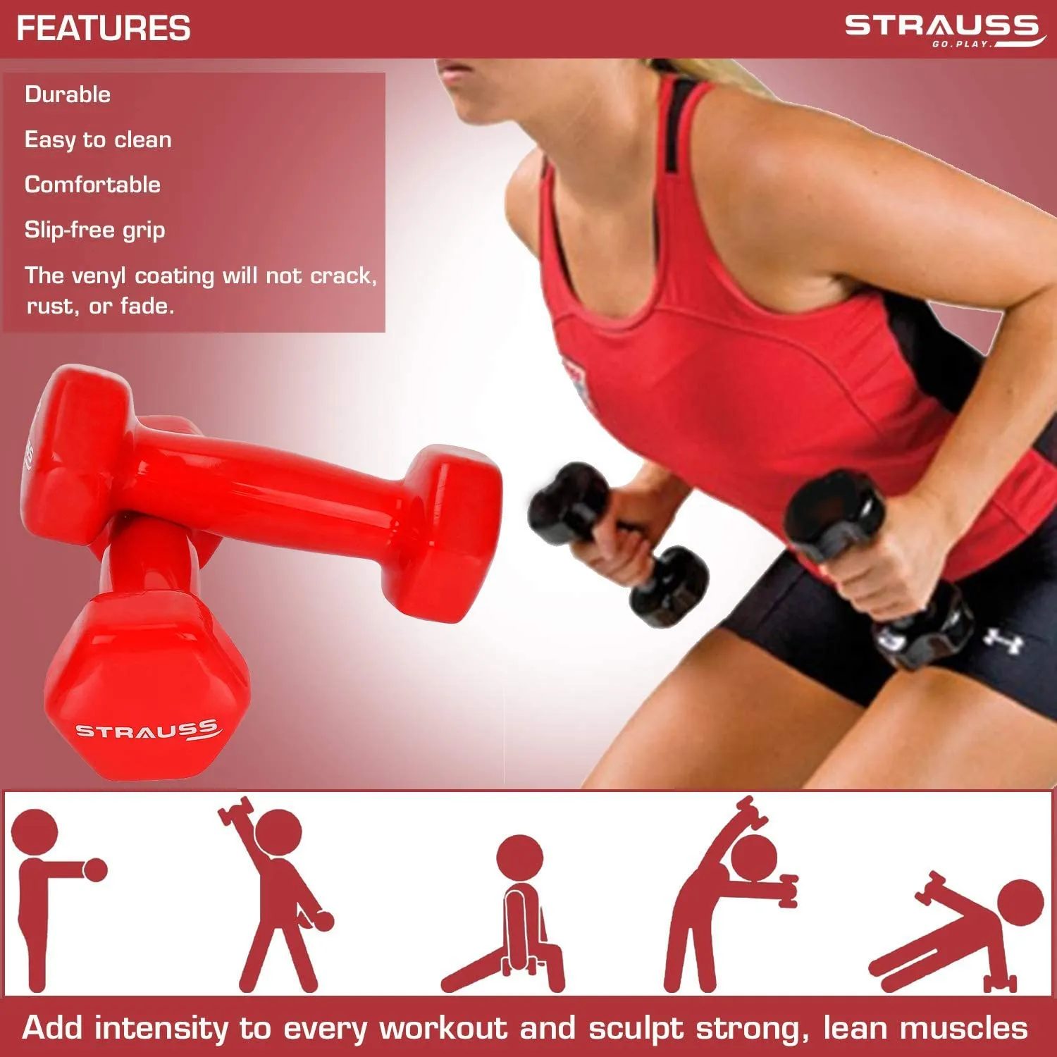 Strauss Premium Vinyl Dumbbells Weight for Men & Women | 5 Kg (Each) | 10 Kg (Pair) | Ideal for Home Workout, Yoga, Pilates, Gym Exercises | Non-Slip, Easy to Hold, Scratch Resistant (Red)