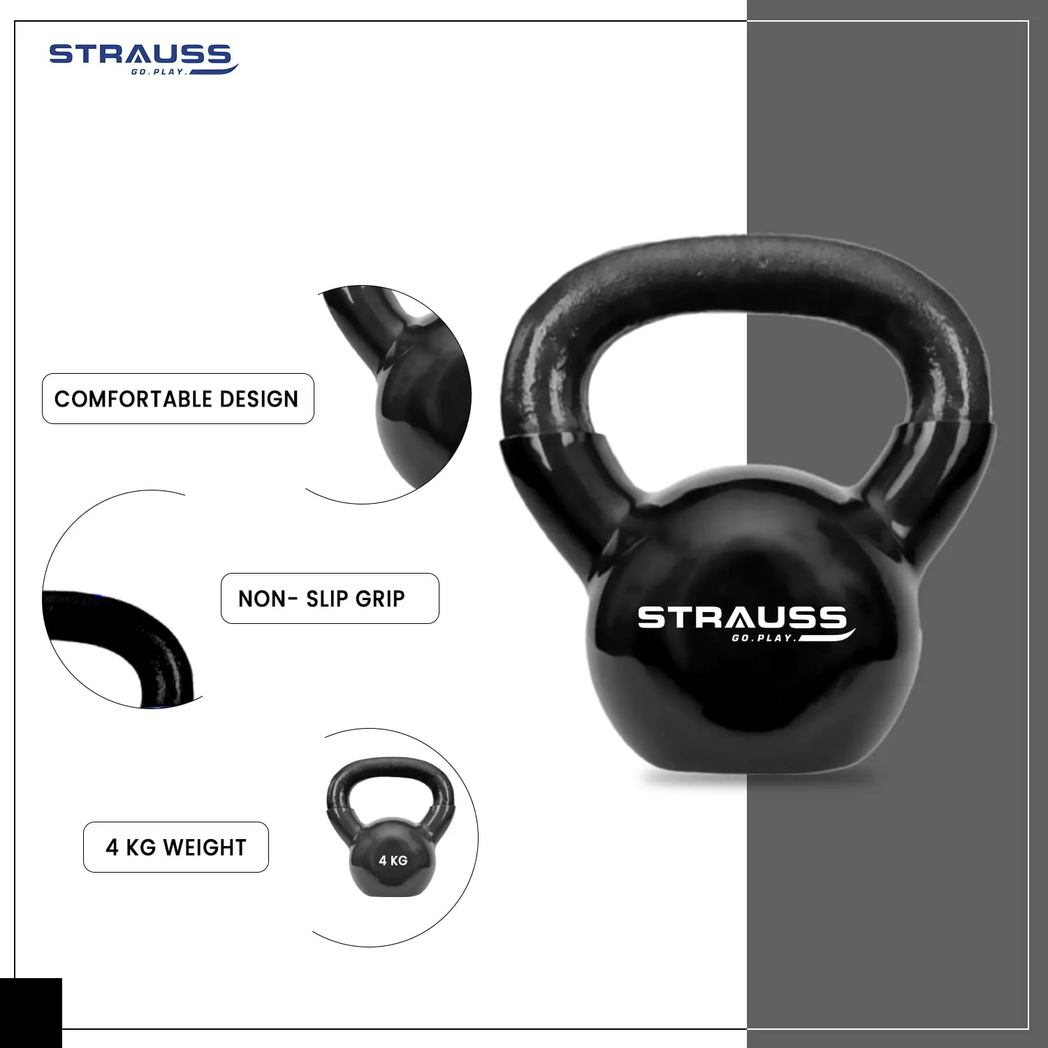 Strauss Premium Vinyl Kettlebell Weight for Men & Women | 2 Kg | Ideal for Home Workout, Yoga, Pilates, Gym Exercises | Non-Slip, Easy to Hold, Scratch Resistant (Black)