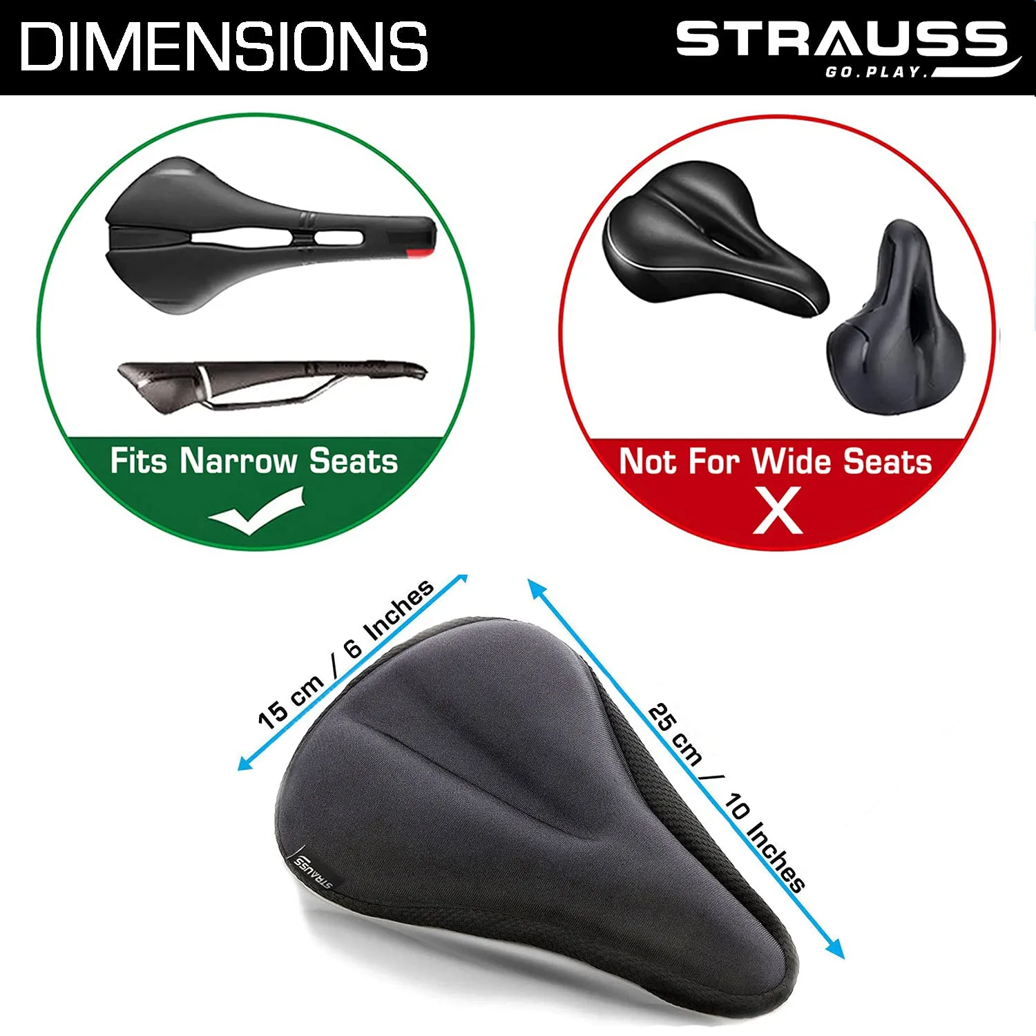 Strauss Saddle Seat Cover with Anti-Slip Granules & Soft, Thick Padding | Superior Comfort, Breathable Design | Comes with Adjustable Rope Straps & Fits All Cycles, (Black)