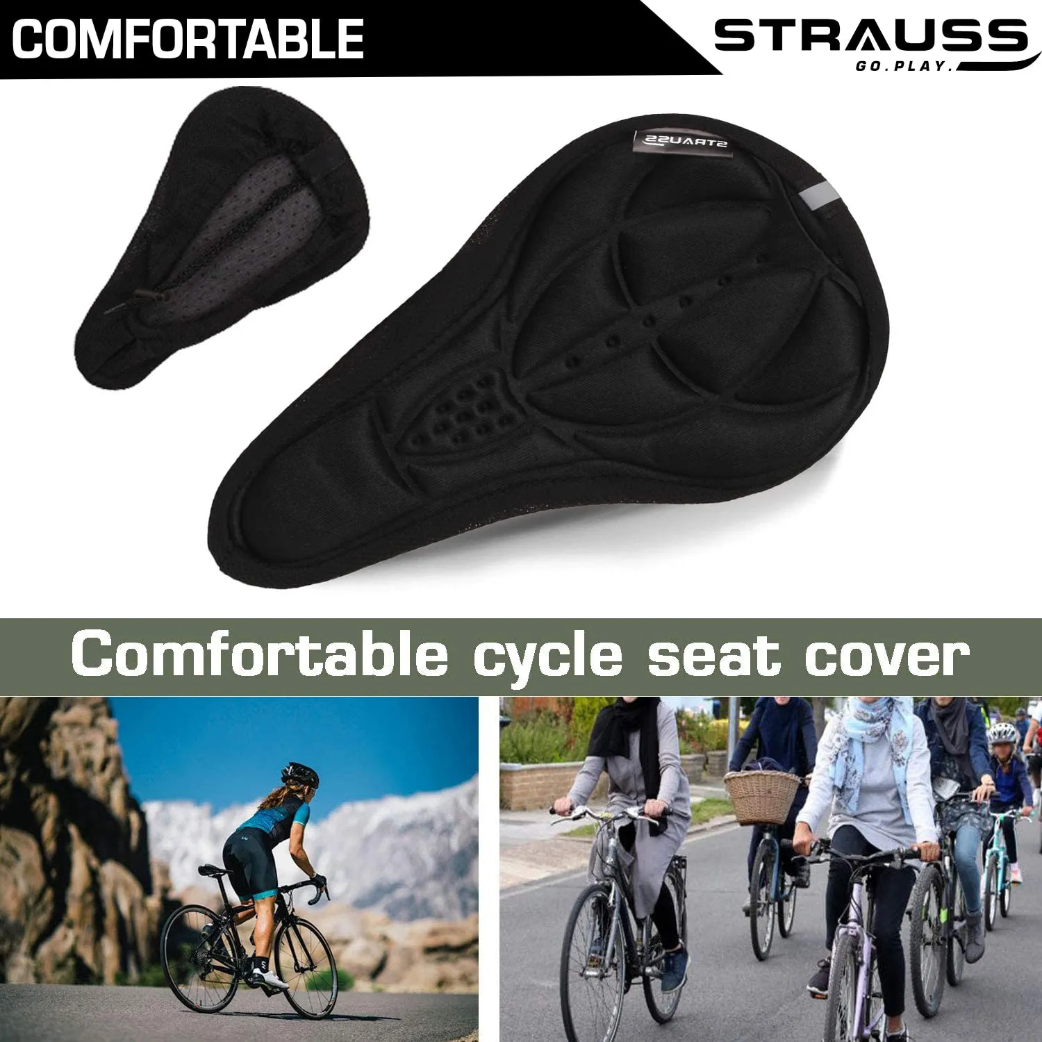 Strauss Saddle Seat Cover with Anti-Slip Granules & Soft, Thick Padding | Superior Comfort, Breathable Design | Comes with Adjustable Rope Straps & Fits All Cycles, (Black)