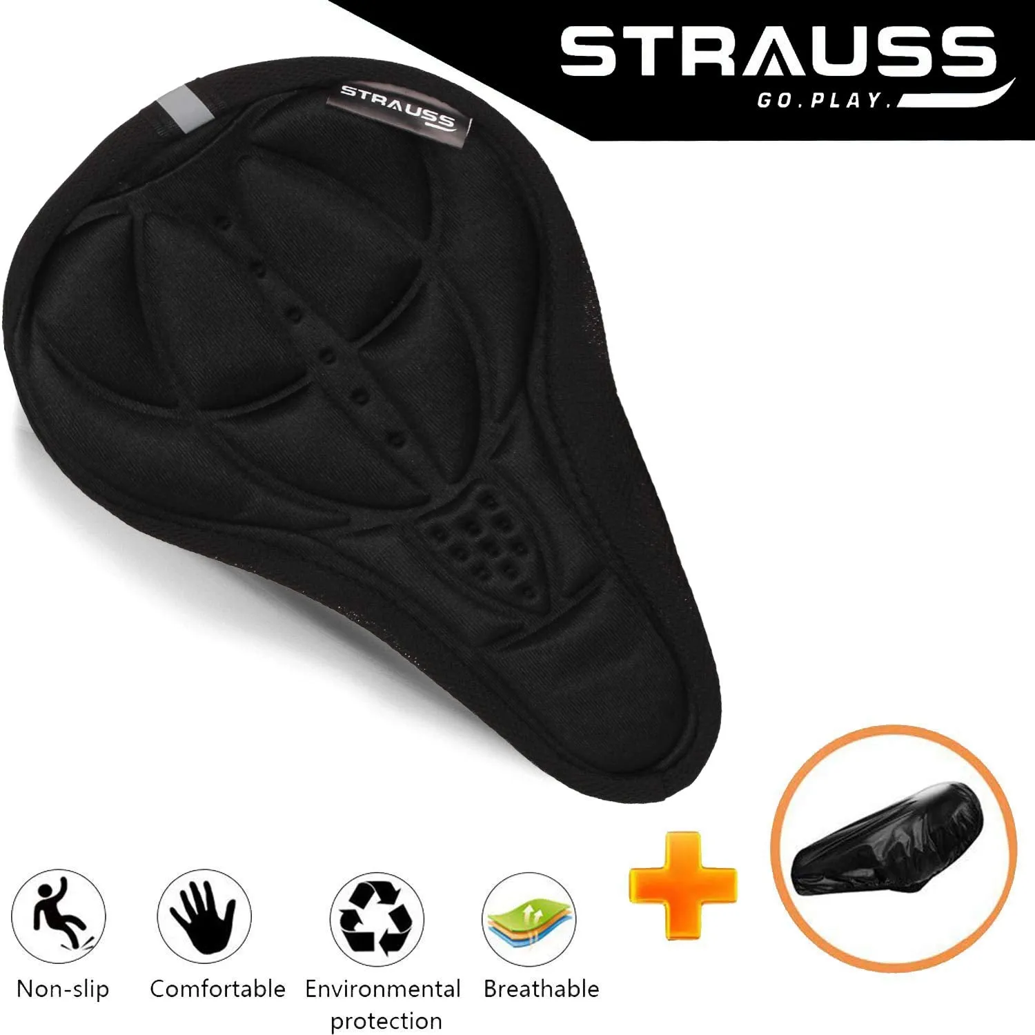 Strauss Saddle Seat Cover with Anti-Slip Granules & Soft, Thick Padding | Superior Comfort, Breathable Design | Comes with Adjustable Rope Straps & Fits All Cycles, (Black)