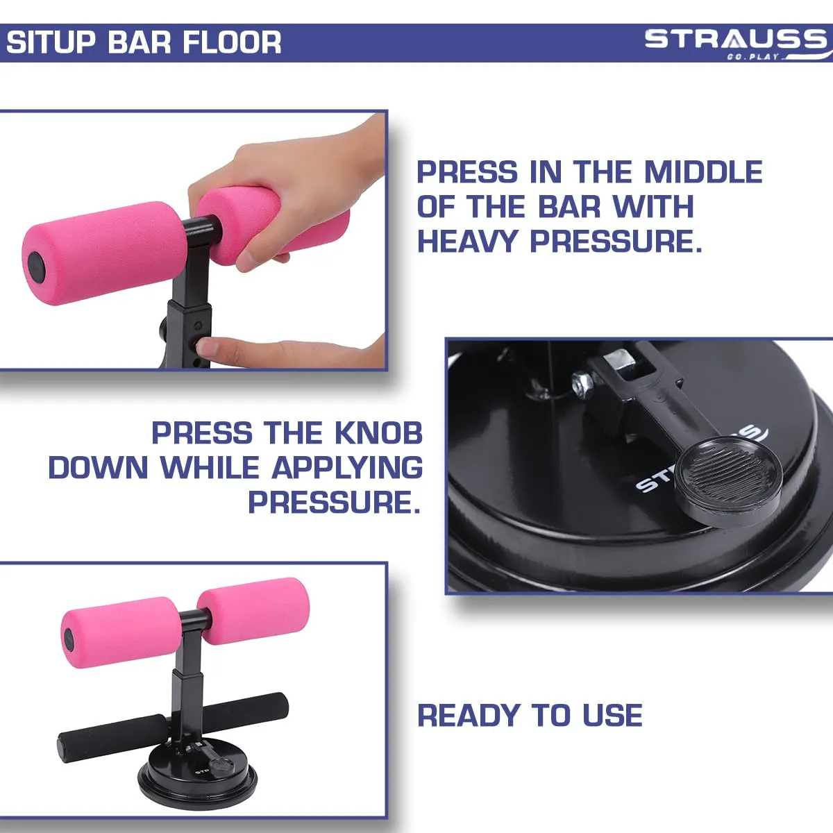 STRAUSS Sit-Up Bar | Portable Sit Up Bar With Foam Handle and Rubber Suction | Sit-ups and Push-ups Assistant Device For Weight Loss | Ideal For Abs Home Workout & Abdominal Curl Exercise Trainer,(Pink)