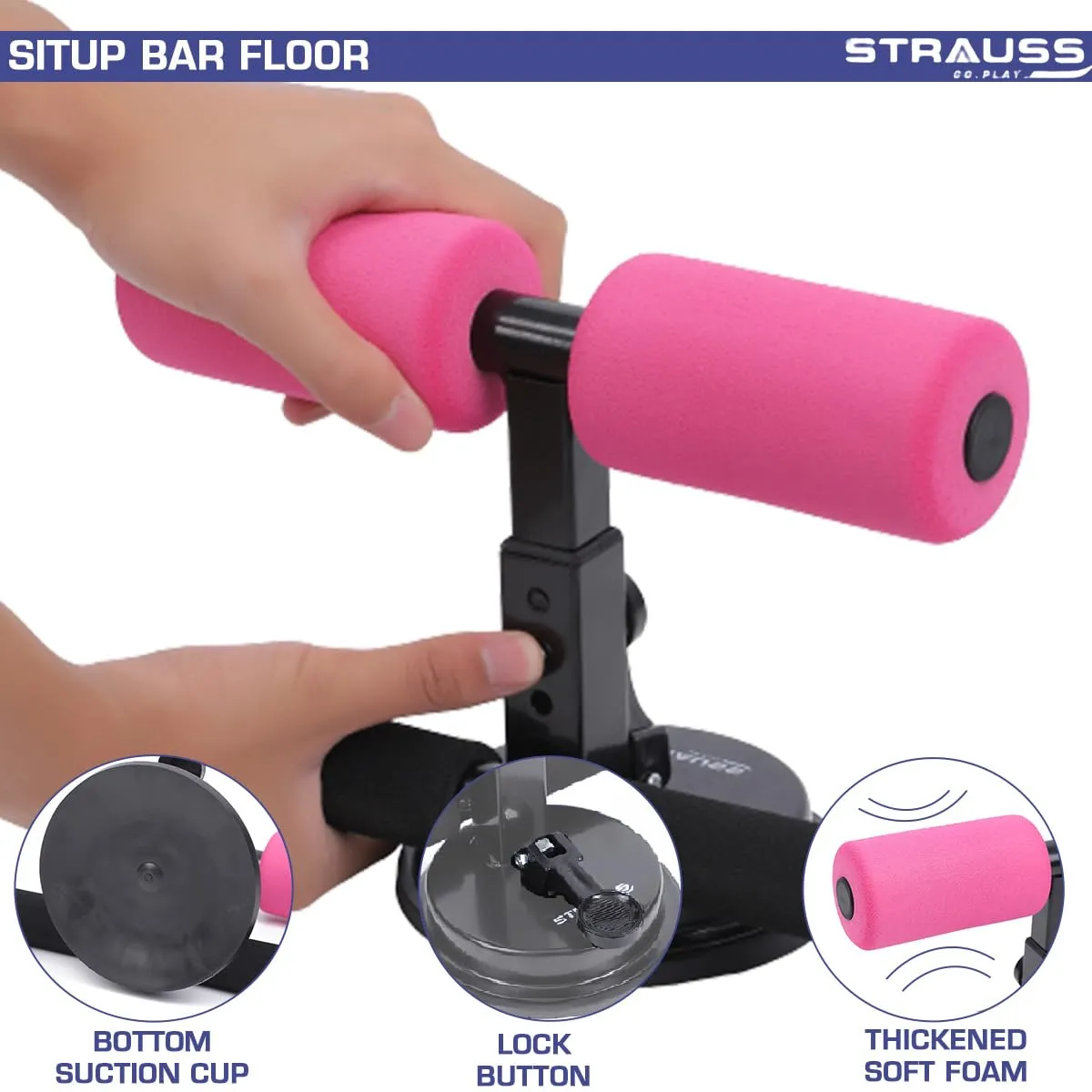 STRAUSS Sit-Up Bar | Portable Sit Up Bar With Foam Handle and Rubber Suction | Sit-ups and Push-ups Assistant Device For Weight Loss | Ideal For Abs Home Workout & Abdominal Curl Exercise Trainer,(Pink)