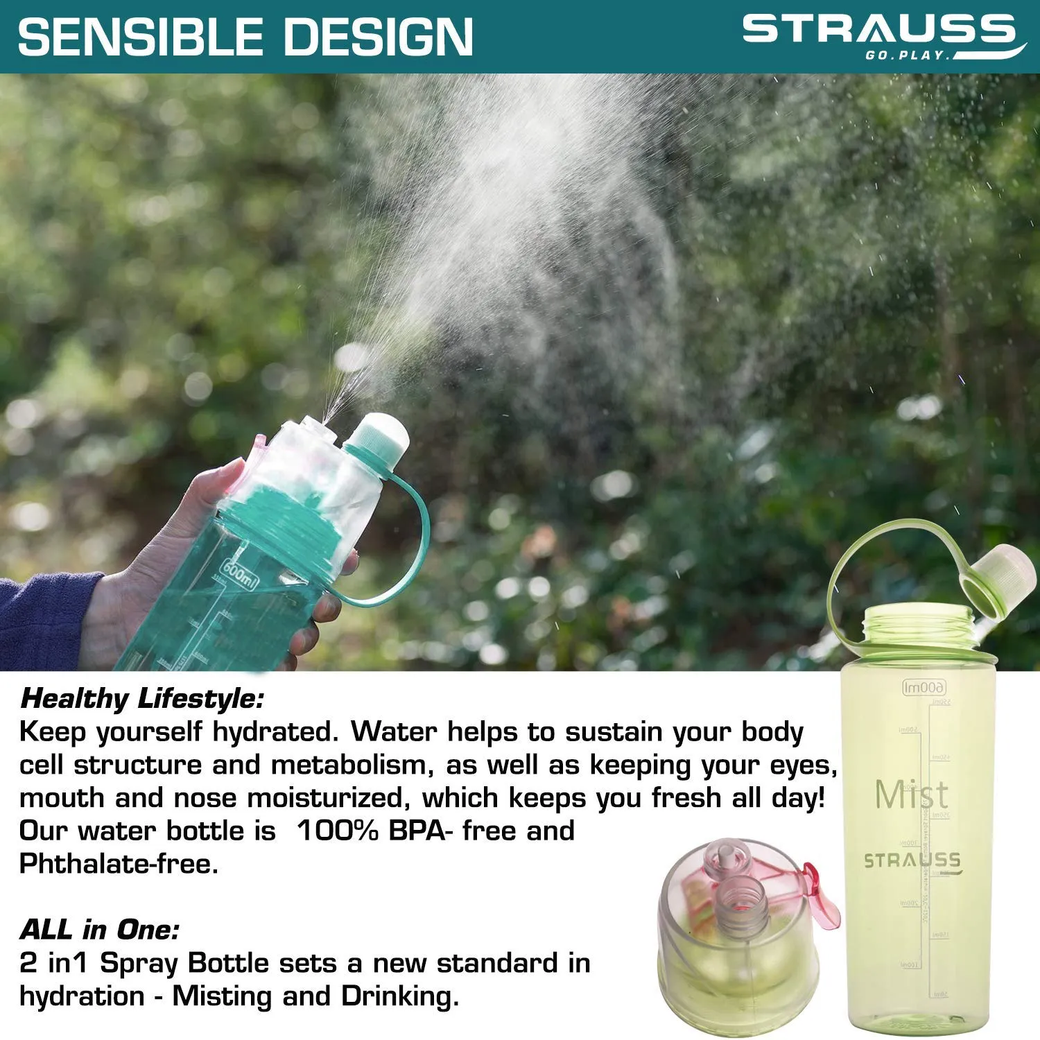 STRAUSS Water Mist Spray Bottle, 600 ml (Green)