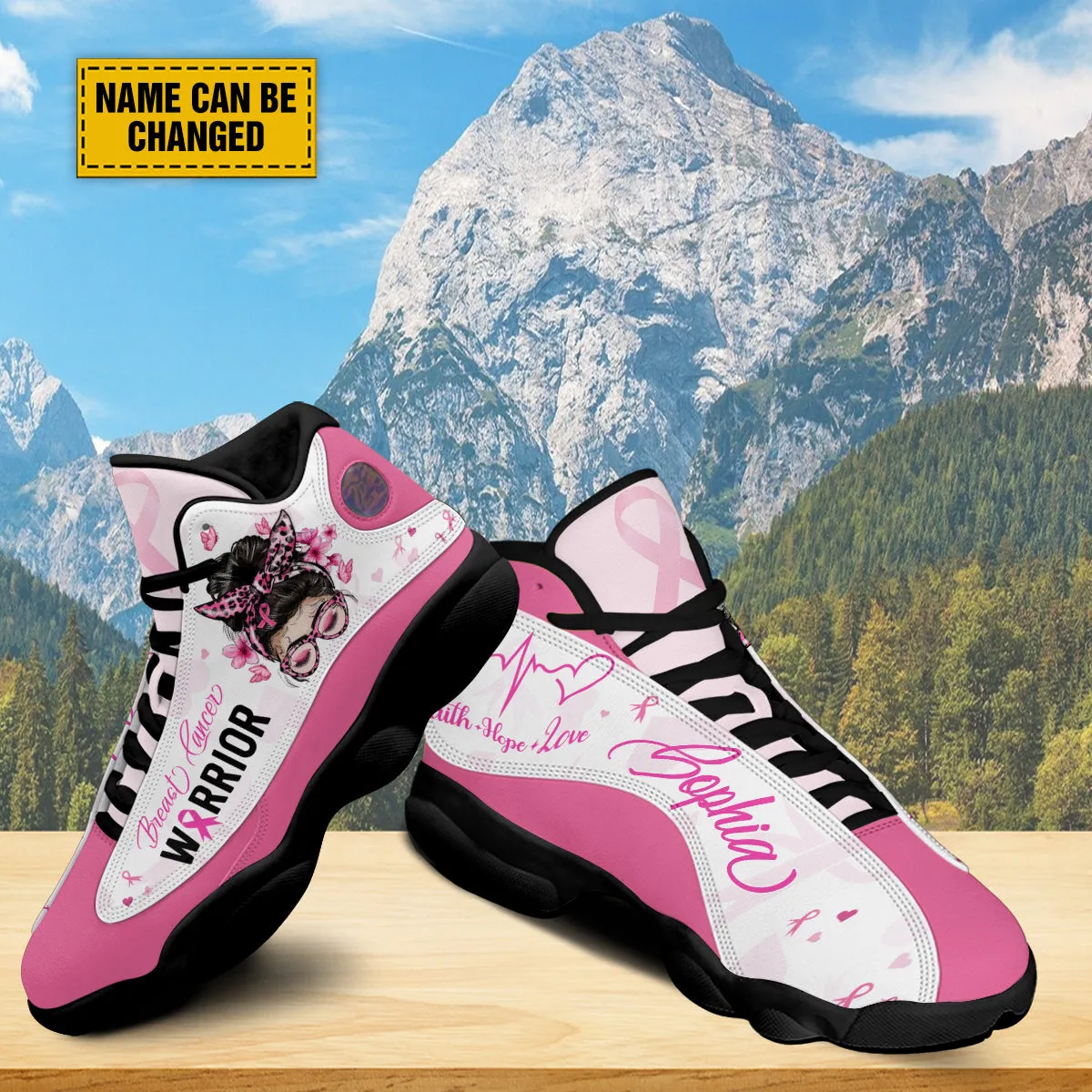 Teesdily | Custom Breast Cancer Warrior Basketball Shoes, Faith Hope Love Jesus Support Warrior Shoes Sneaker, Pink Ribbon Strong Girl Fighter Gift