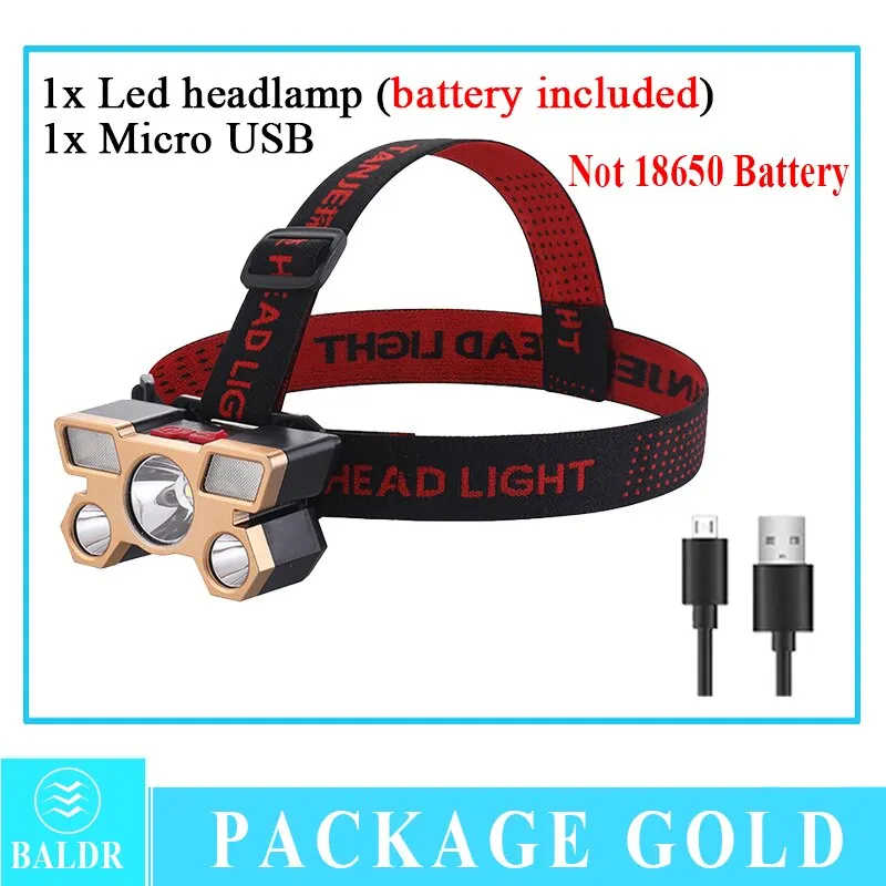 USB Rechargeable Headlamp Portable 5LED Headlight Built in Battery