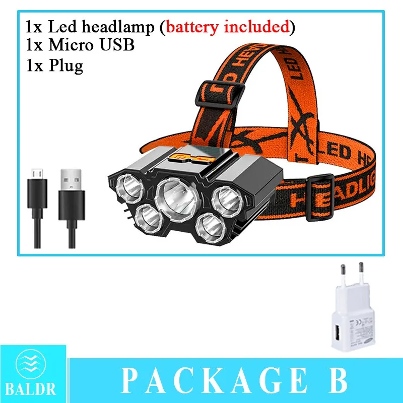 USB Rechargeable Headlamp Portable 5LED Headlight Built in Battery