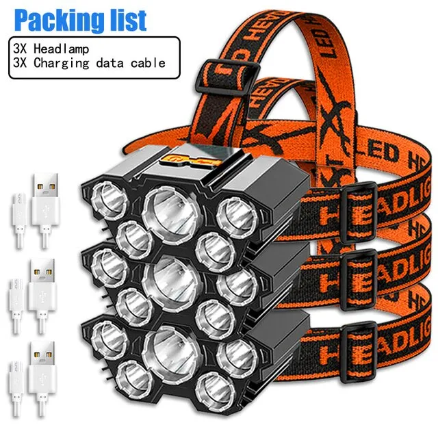 USB Rechargeable Headlamp Portable 5LED Headlight Built in Battery