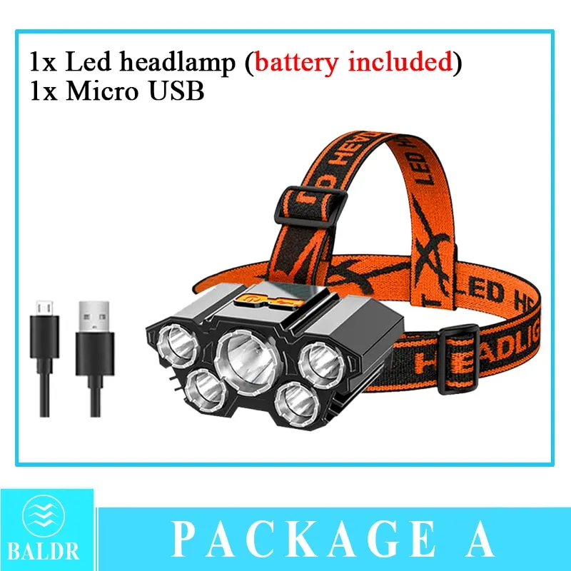 USB Rechargeable Headlamp Portable 5LED Headlight Built in Battery