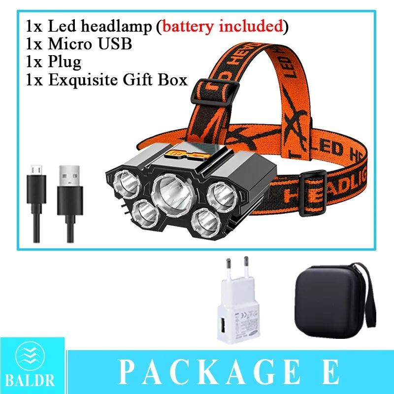 USB Rechargeable Headlamp Portable 5LED Headlight Built in Battery