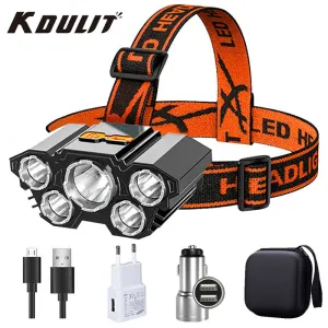 USB Rechargeable Headlamp Portable 5LED Headlight Built in Battery