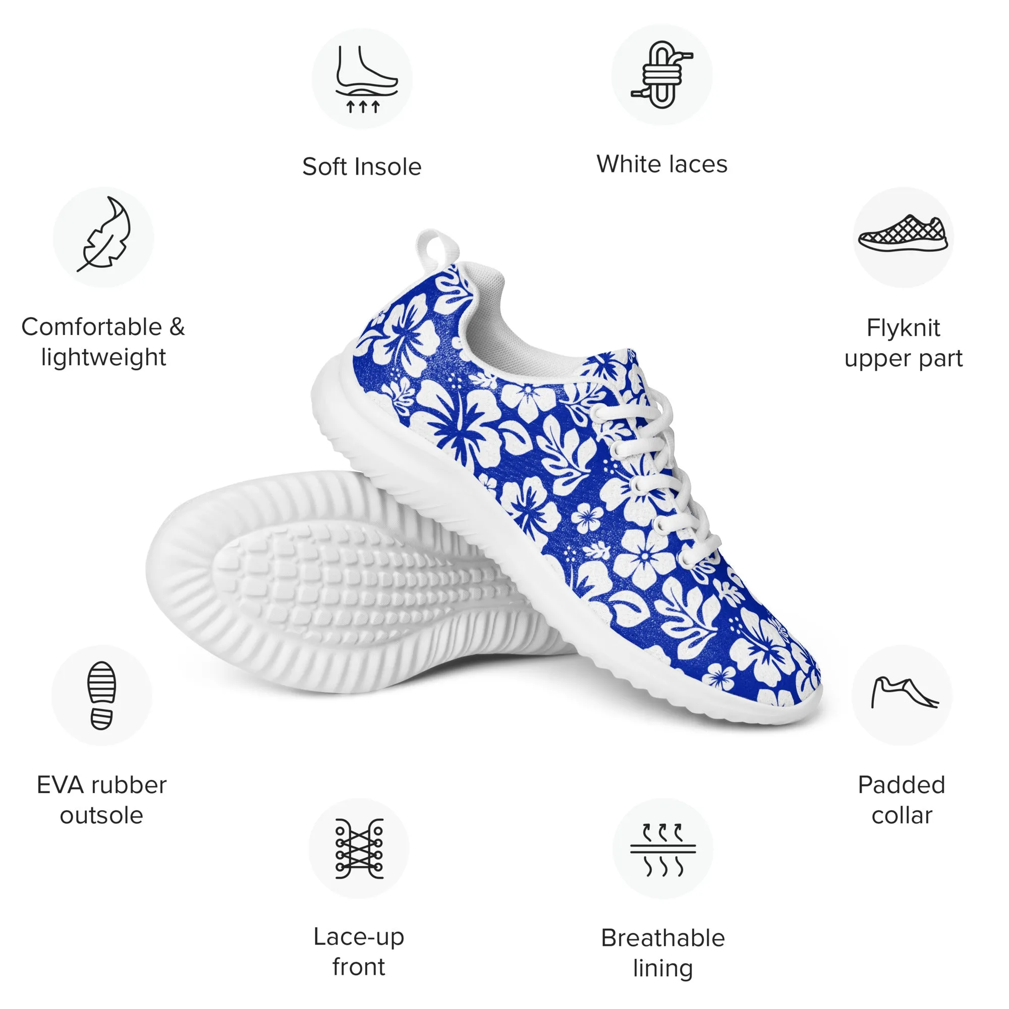 Women’s Royal Blue and White Hawaiian Flowers Athletic Shoes