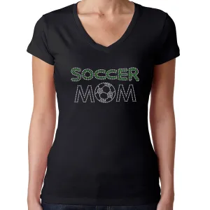 Womens T-Shirt Rhinestone Bling Black Fitted Tee Soccer Mom Ball Sports