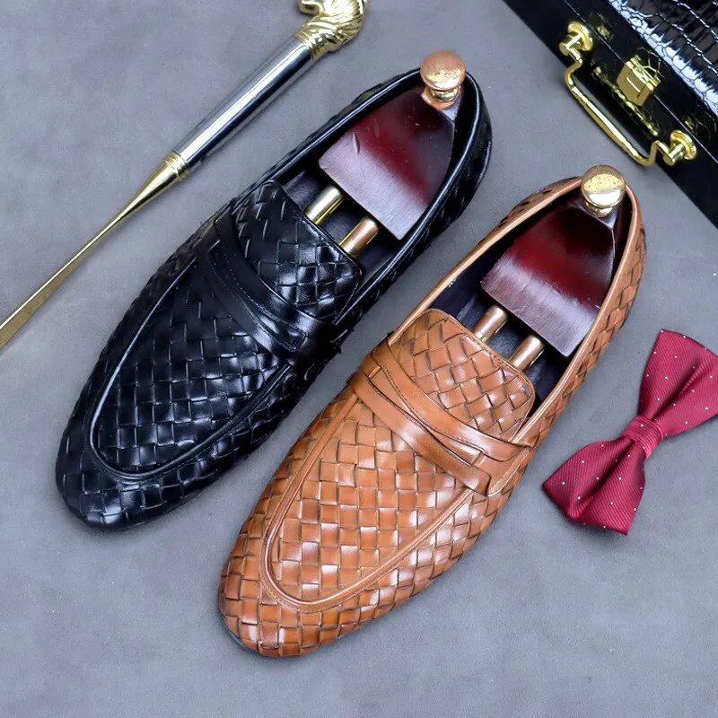 Woven Leather Slip-On Loafers